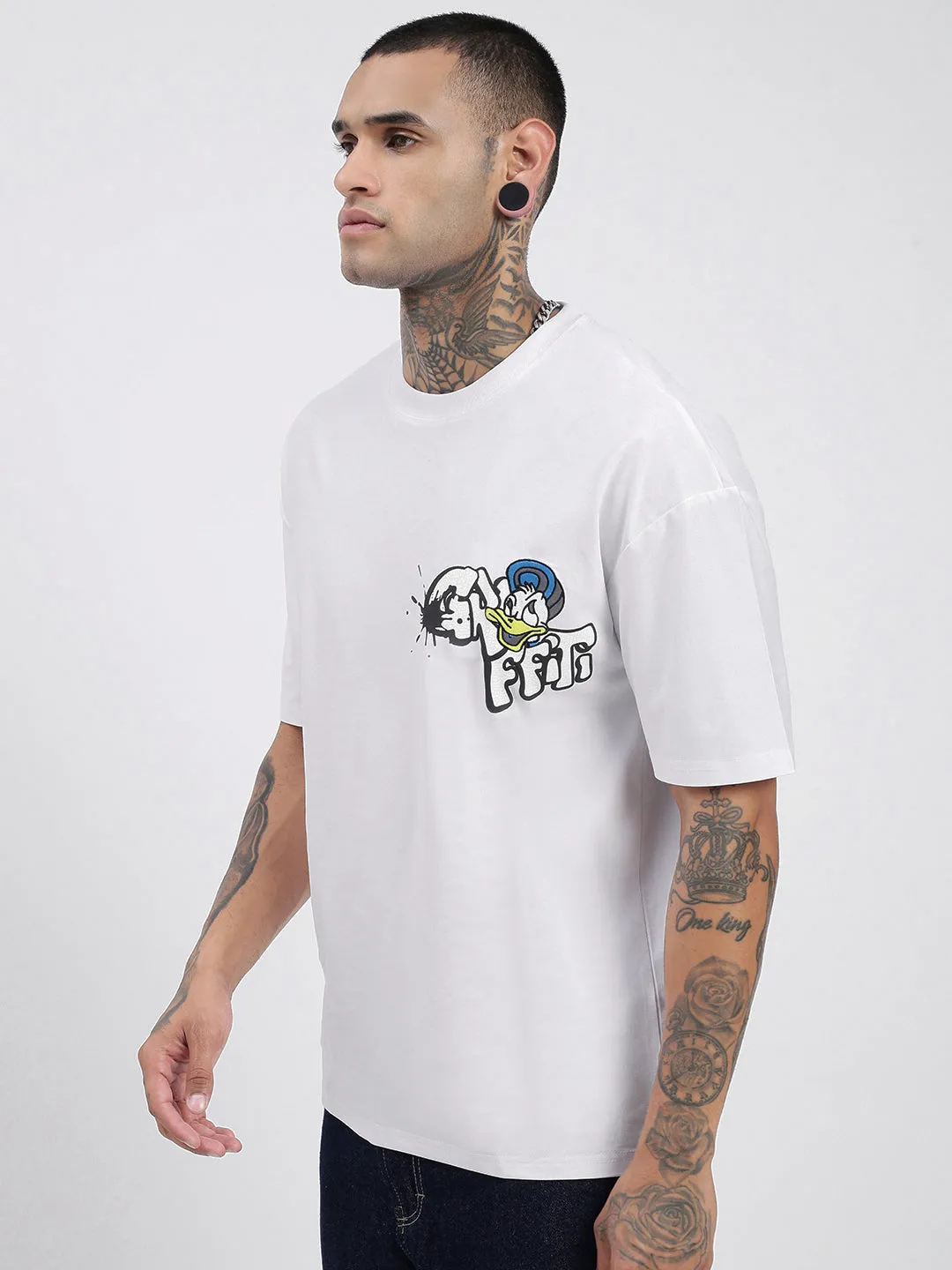 Breathable Comfort Wear Versatile Trend Men's Donald Duck Graphic White Relaxed Fit T-Shirt