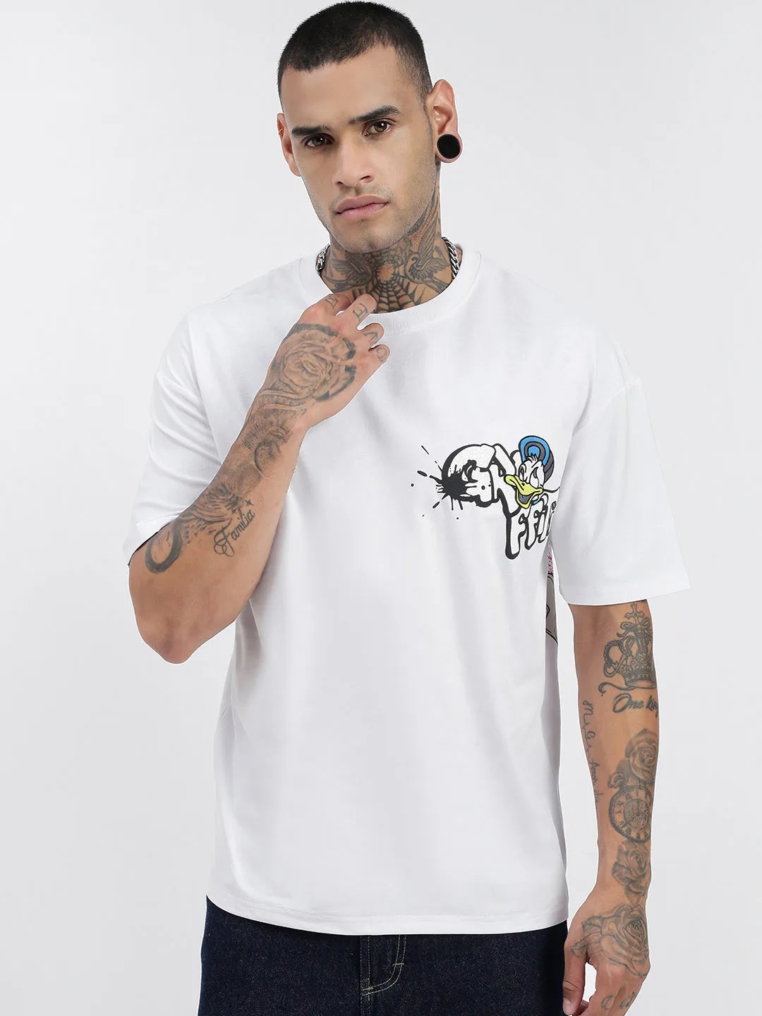 Water Based Ink harmonious Men's Donald Duck Graphic White Relaxed Fit T-Shirt