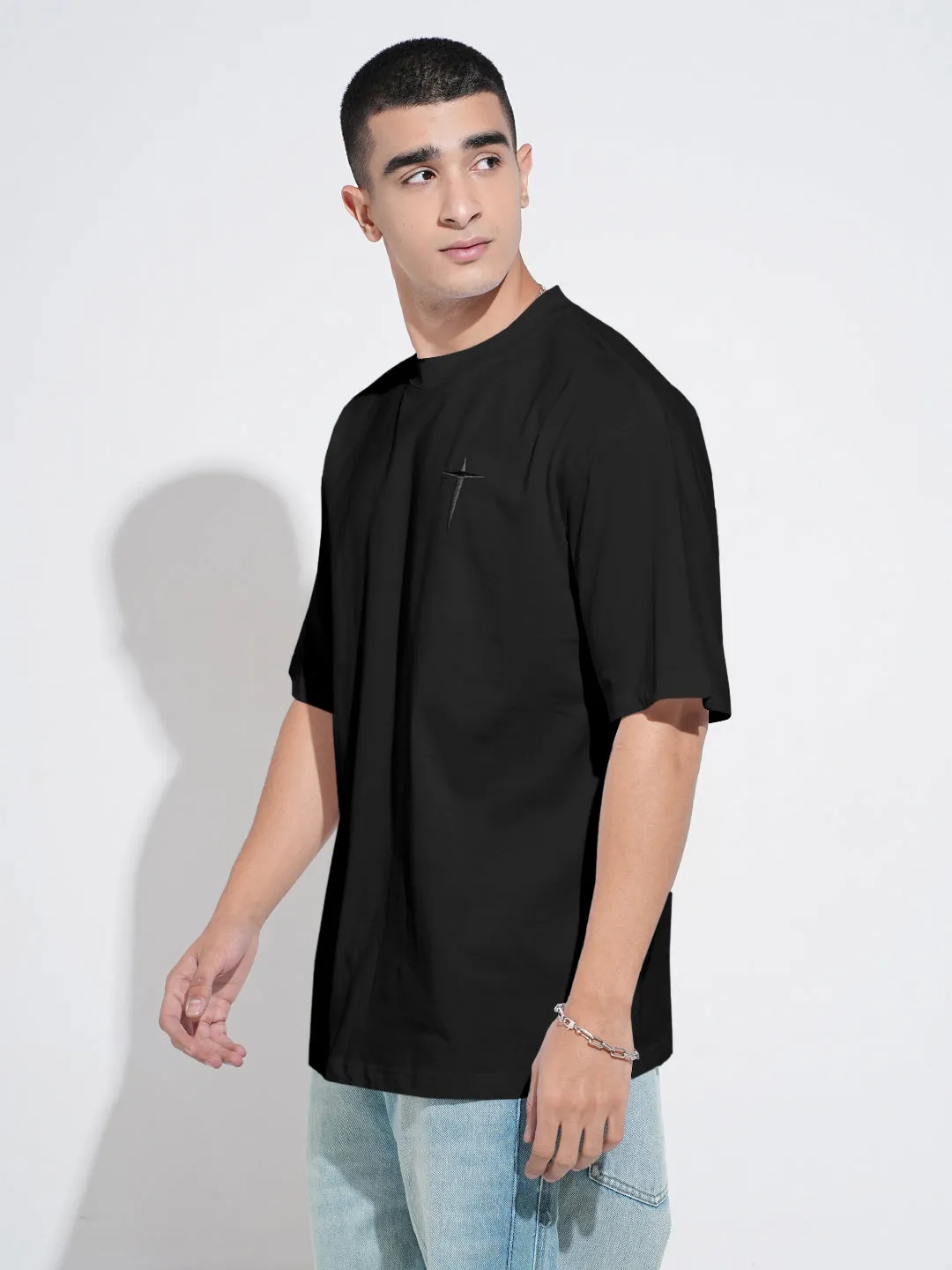 Chic Look Light Stretch Men's Embroidered Black Round Neck Oversized T-Shirt