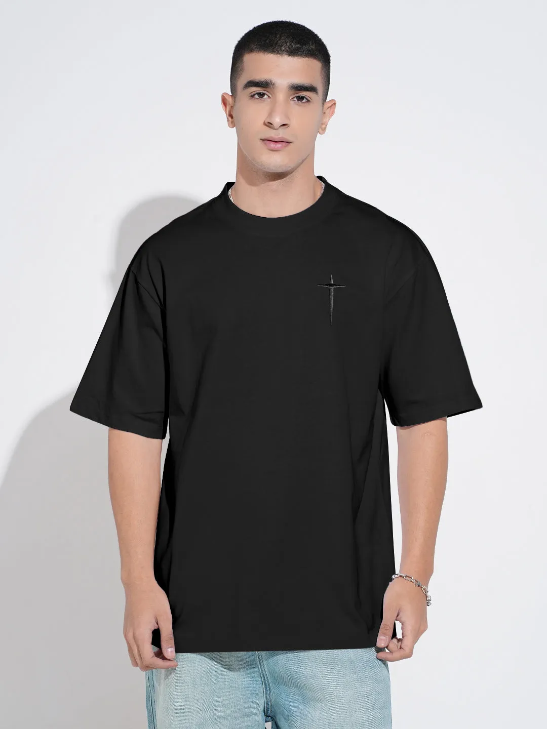 Men's Embroidered Black Round Neck Oversized T-Shirt Breezy Comfort