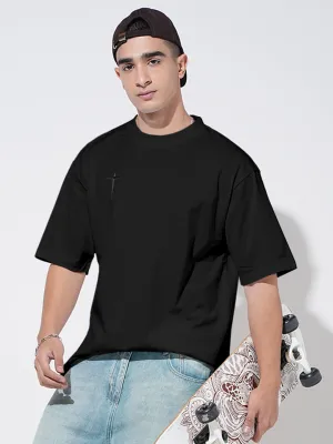 Bohemian freedom Men's Embroidered Black Round Neck Oversized T-Shirt