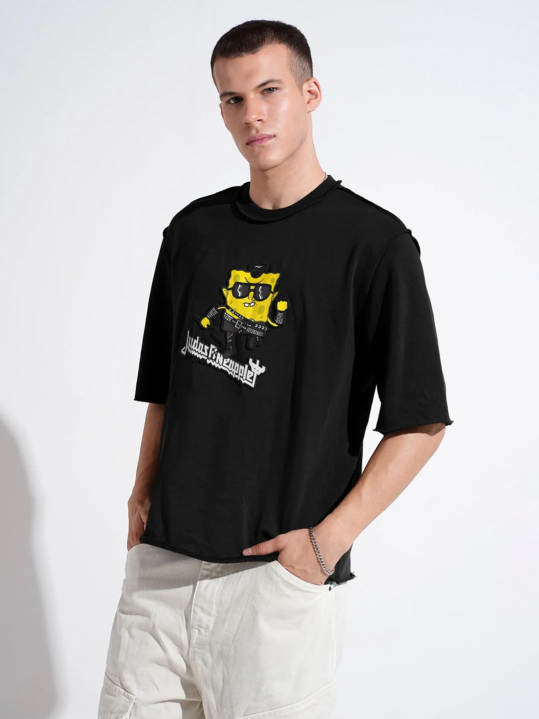 Men's Graphic Black Round Neck Oversized T-Shirt Casual Essential Wear