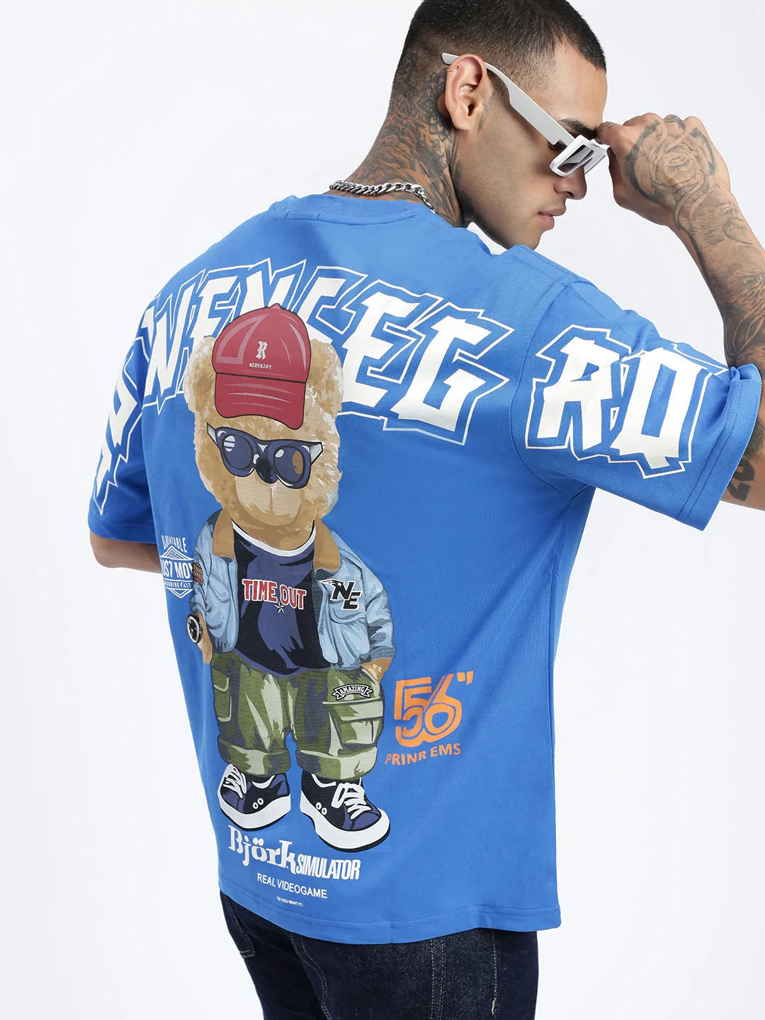 Taped Neckline Men's Graphic Blue Relaxed Fit T-Shirt