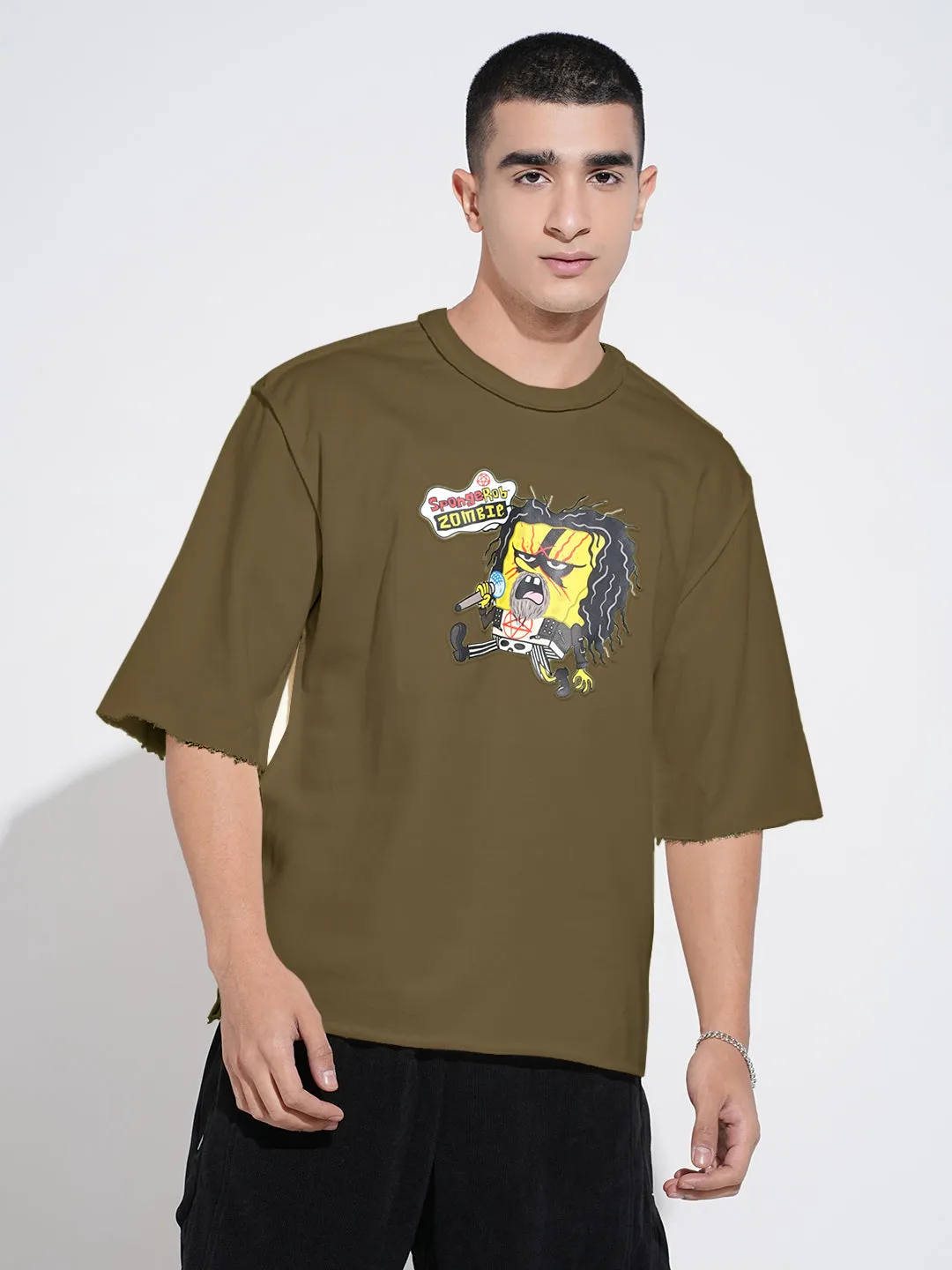 Men's Graphic Olive Round Neck Oversized T-Shirt Sport Layer Fit Cool and Relaxed