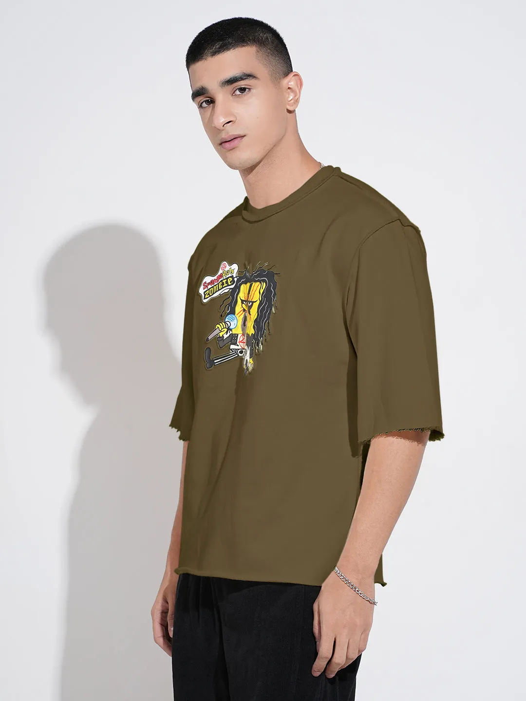 Perfect for Any Outfit Men's Graphic Olive Round Neck Oversized T-Shirt