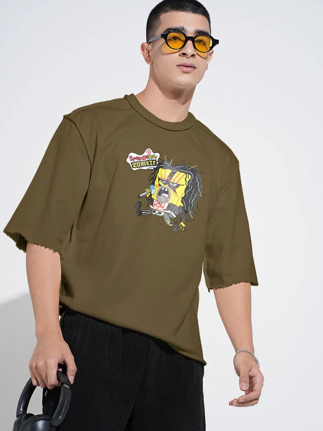 Men's Graphic Olive Round Neck Oversized T-Shirt Top Rated