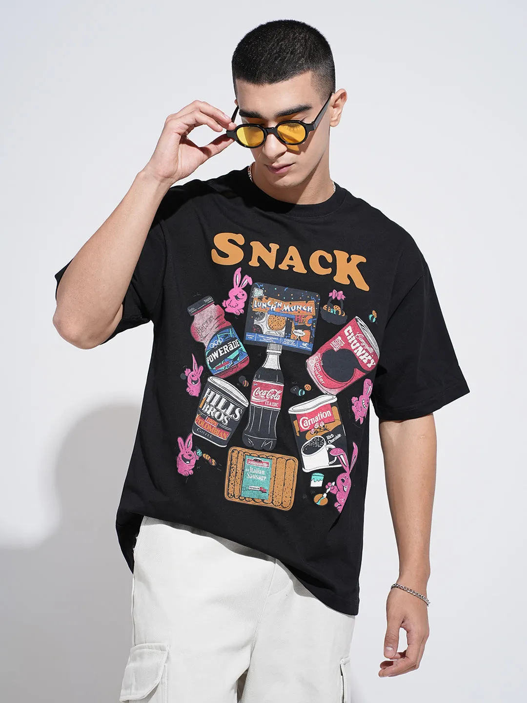 Men's Graphic Print Black Short Sleeves Round Neck Oversized T-Shirt Trendy Fabric Drop Shoulder Design