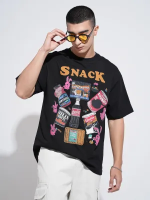 Men's Graphic Print Black Short Sleeves Round Neck Oversized T-Shirt Trendy Fabric Drop Shoulder Design