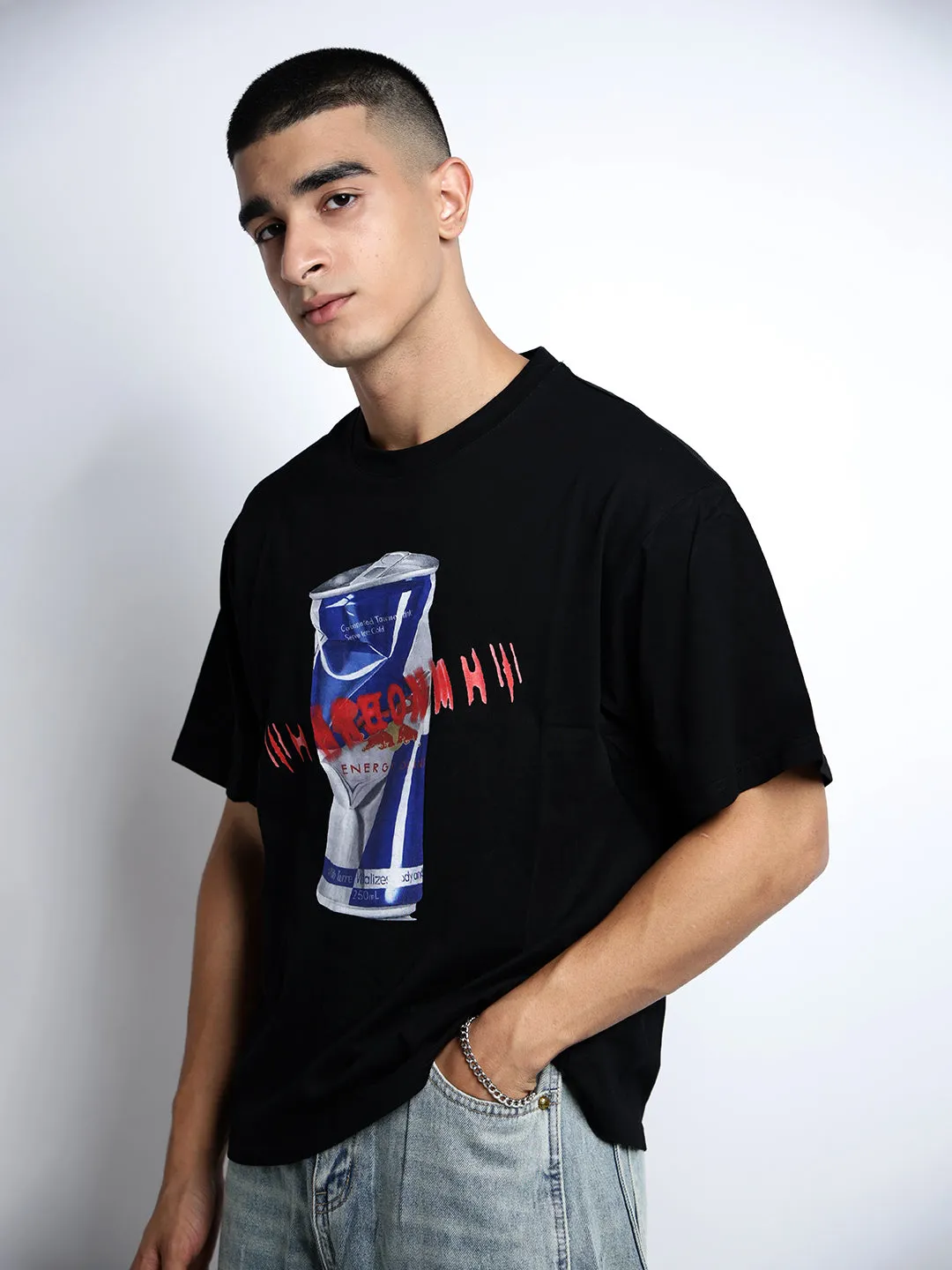 Men's Graphic Print Black Short Sleeves Round Neck Oversized T-Shirt Soft Touch