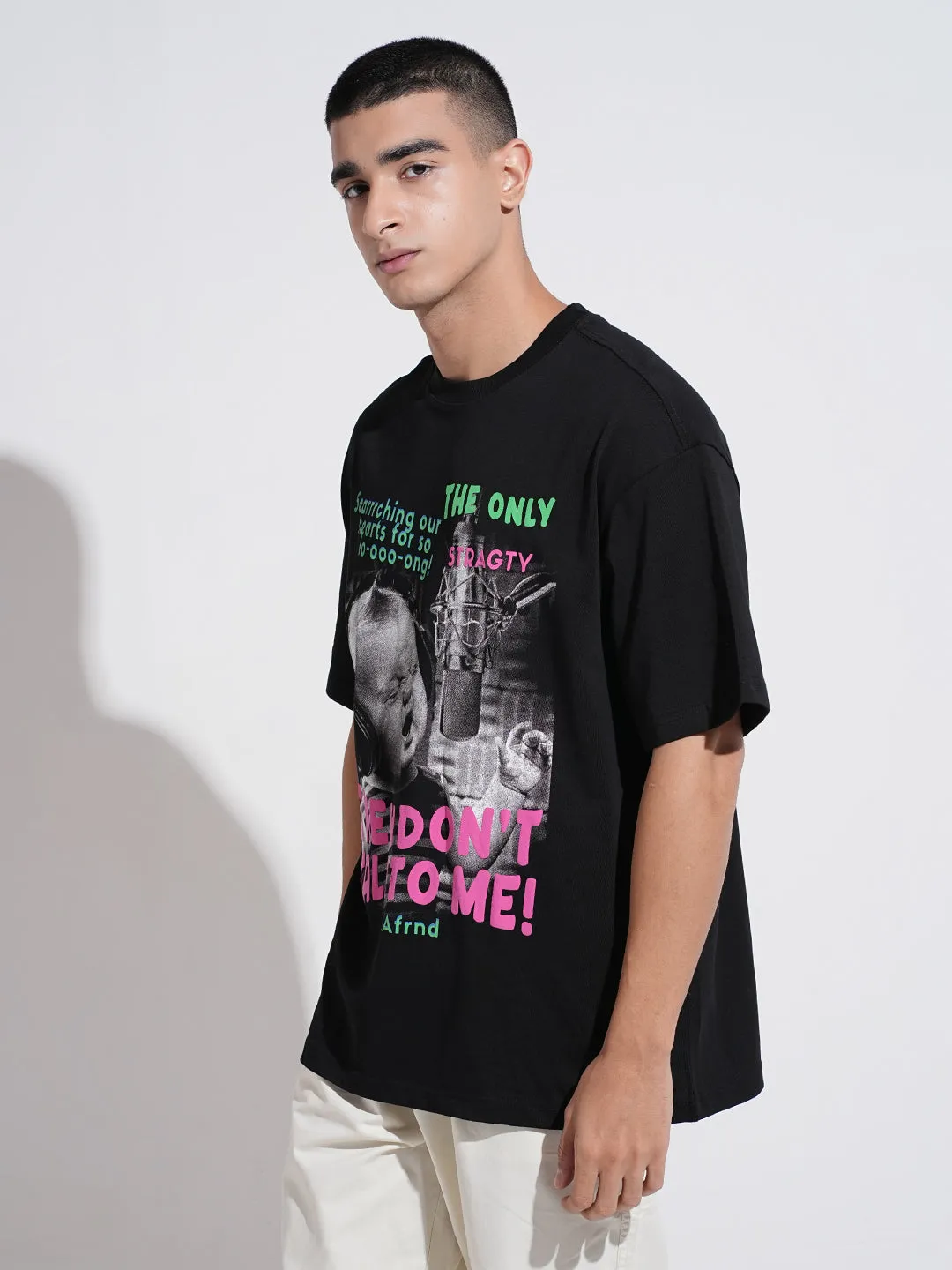 Men's Graphic Print Black Short Sleeves Round Neck Oversized T-Shirt Value for Money