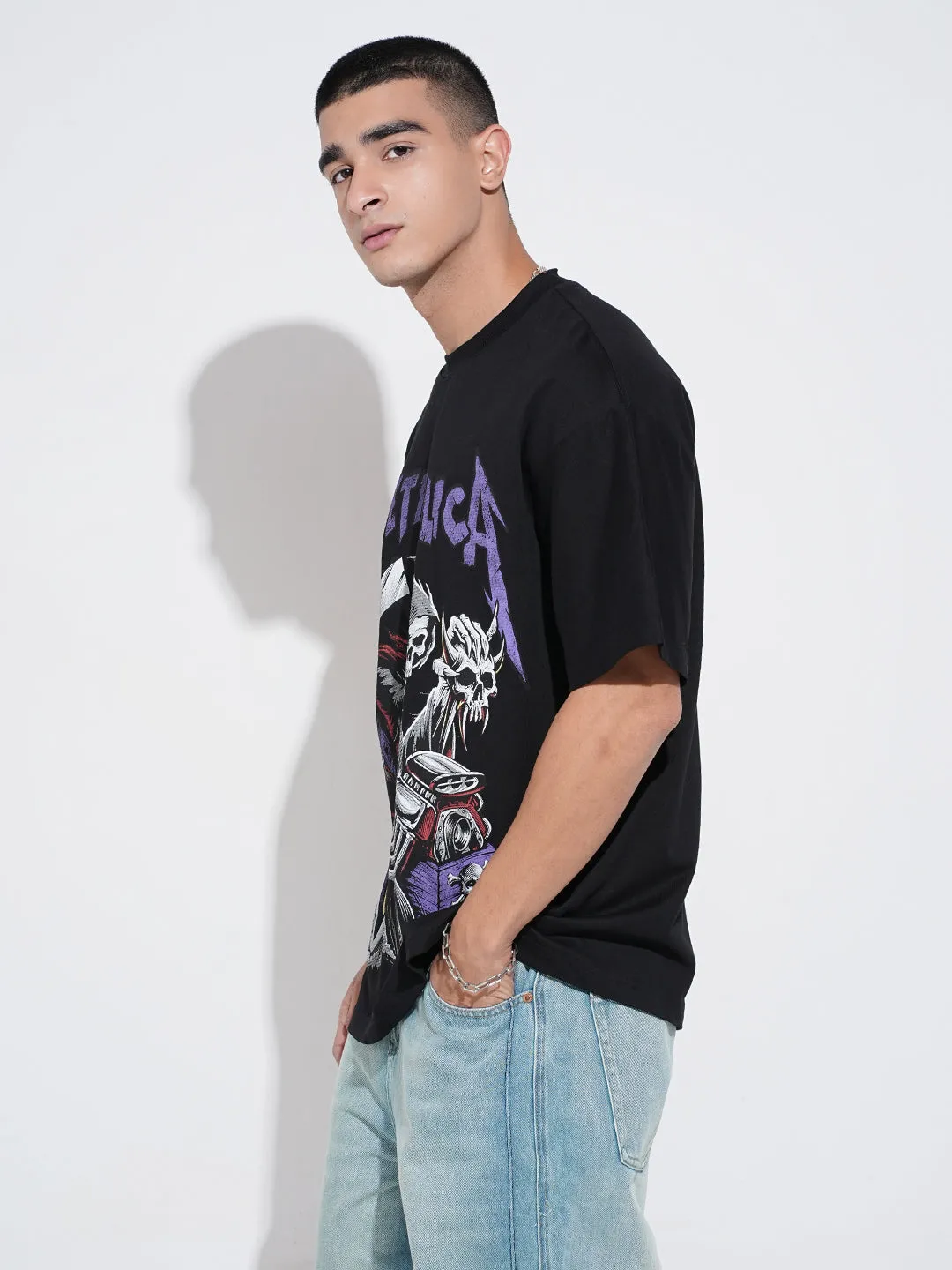 Fashion Forward Versatile Piece Men's Graphic Print Black Short Sleeves Round Neck Oversized T-Shirt