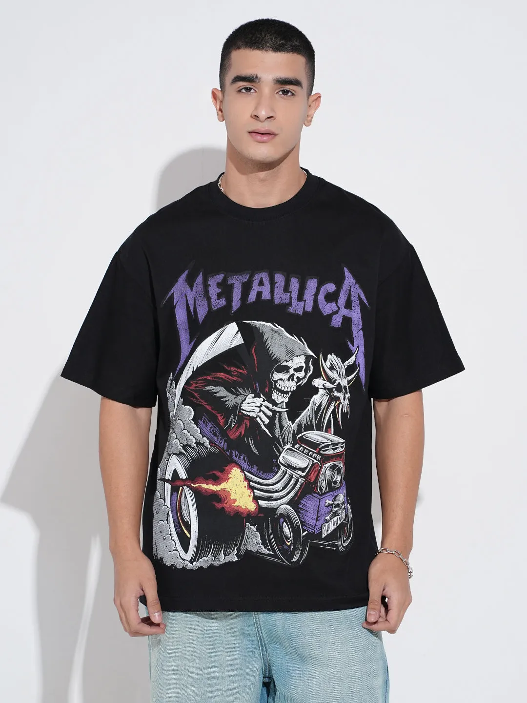 Men's Graphic Print Black Short Sleeves Round Neck Oversized T-Shirt PreShrunkCotton Cool Vibes