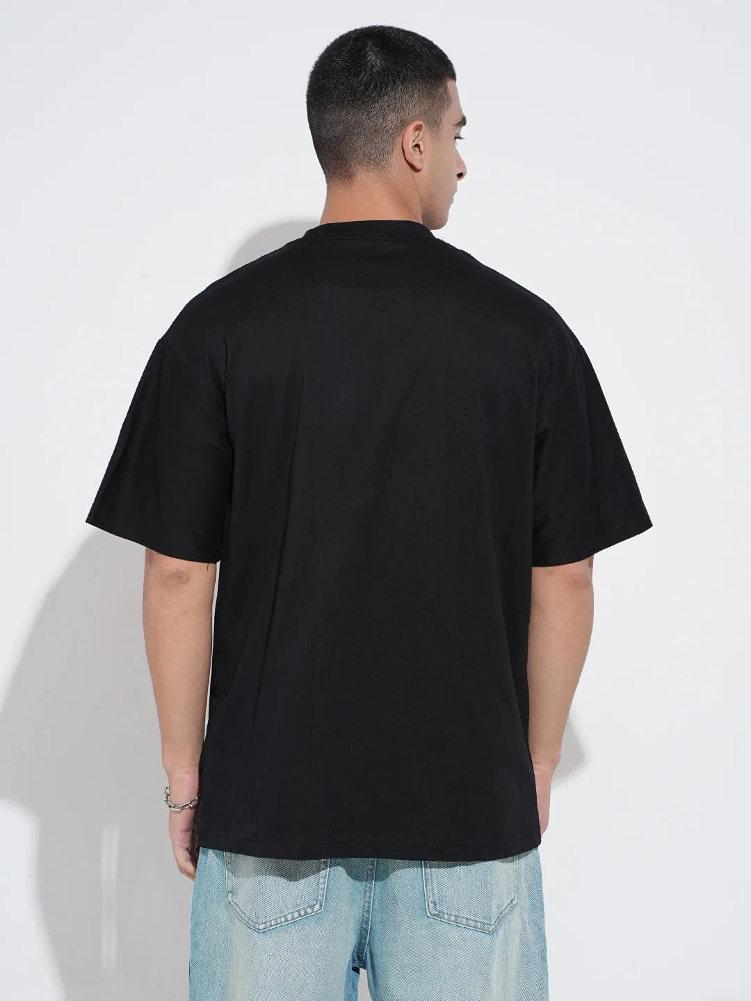 Feminine Touch StretchComfortWeave Men's Graphic Print Black Short Sleeves Round Neck Oversized T-Shirt