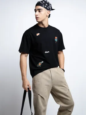 Men's Graphic Print Black Short Sleeves Round Neck Relaxed Fit T-Shirt Light Trend Seasonal Casual