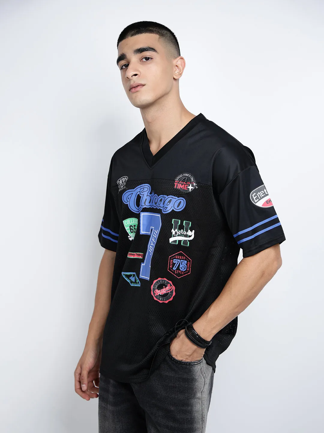 Men's Graphic Print Black Short Sleeves V-Neck Oversized T-Shirt Street Comfort NoSideSeams