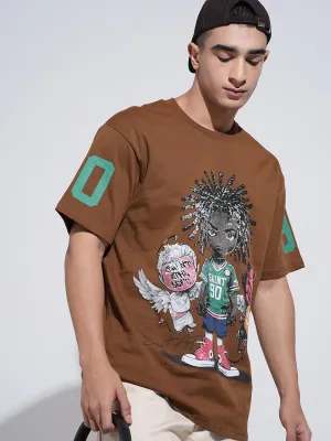 Men's Graphic Print Brown Short Sleeves Round Neck Relaxed Fit T-Shirt DoubleLayeredCollar Chic and Soft