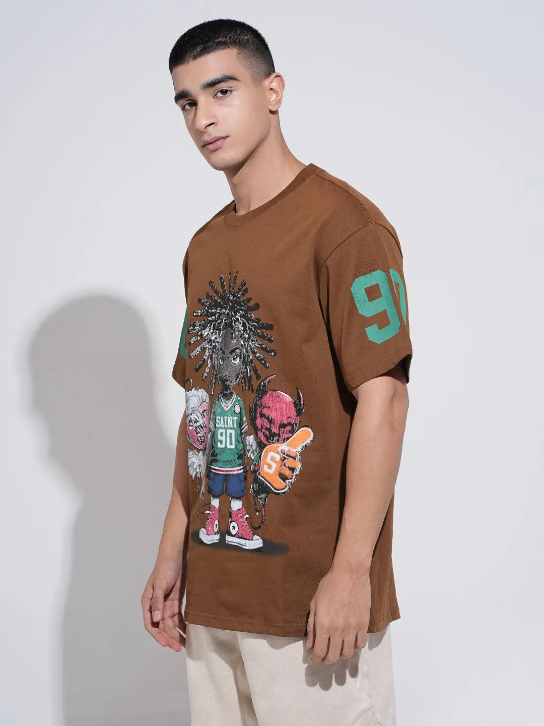 Men's Graphic Print Brown Short Sleeves Round Neck Relaxed Fit T-Shirt Reinforced Hems All-Day Stretch