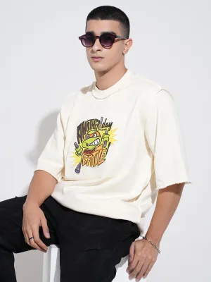 Men's Graphic Print Cream Round Neck Oversized T-Shirt Active Trend Classic Color