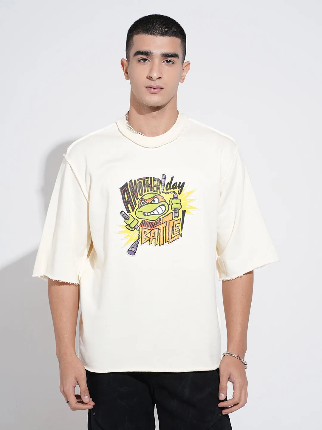 Men's Graphic Print Cream Round Neck Oversized T-Shirt Easy Care Material