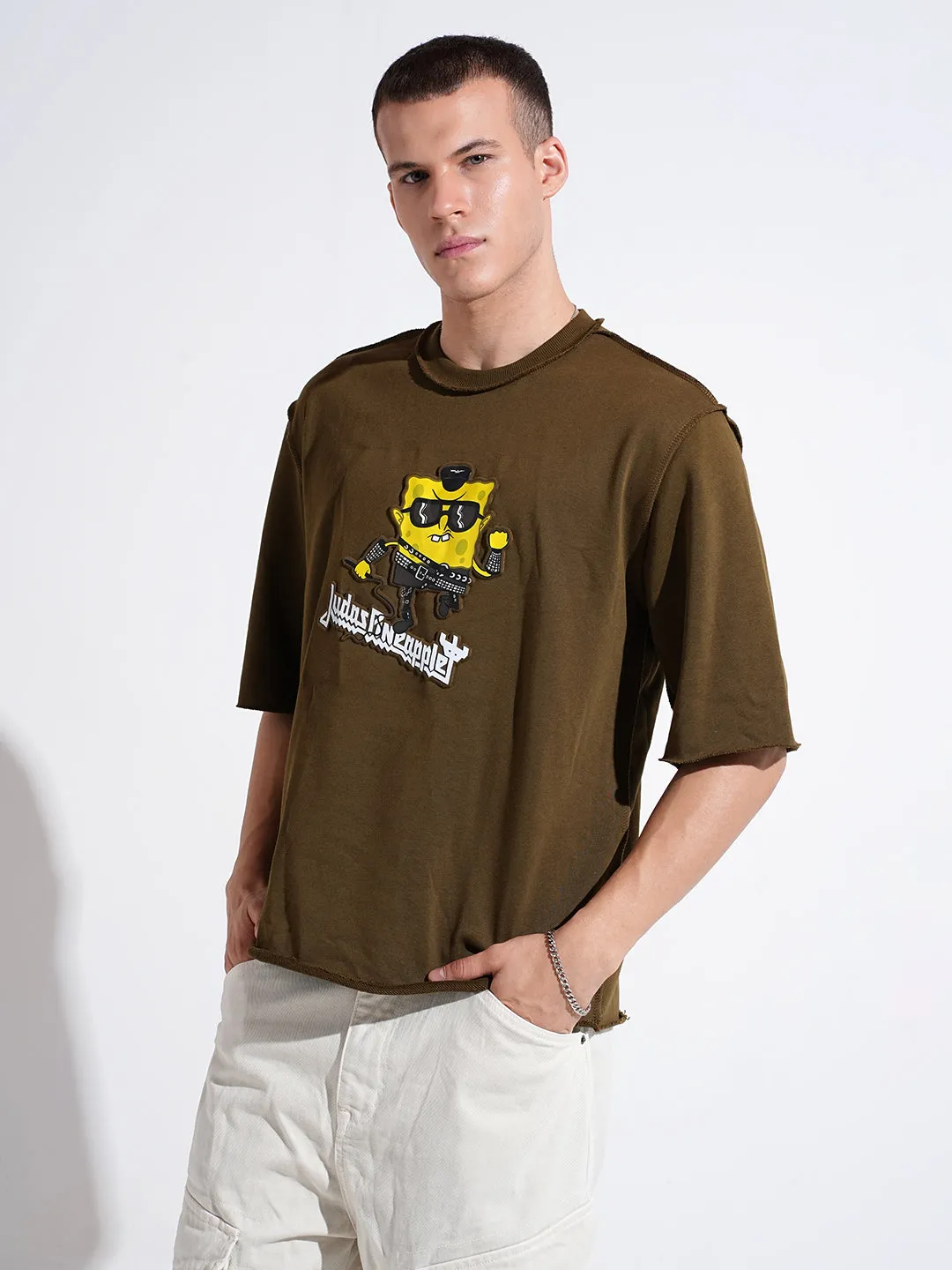 Men's Graphic Print Olive Short Sleeves Round Neck Oversized T-Shirt Casual layering piece Chill Vibes