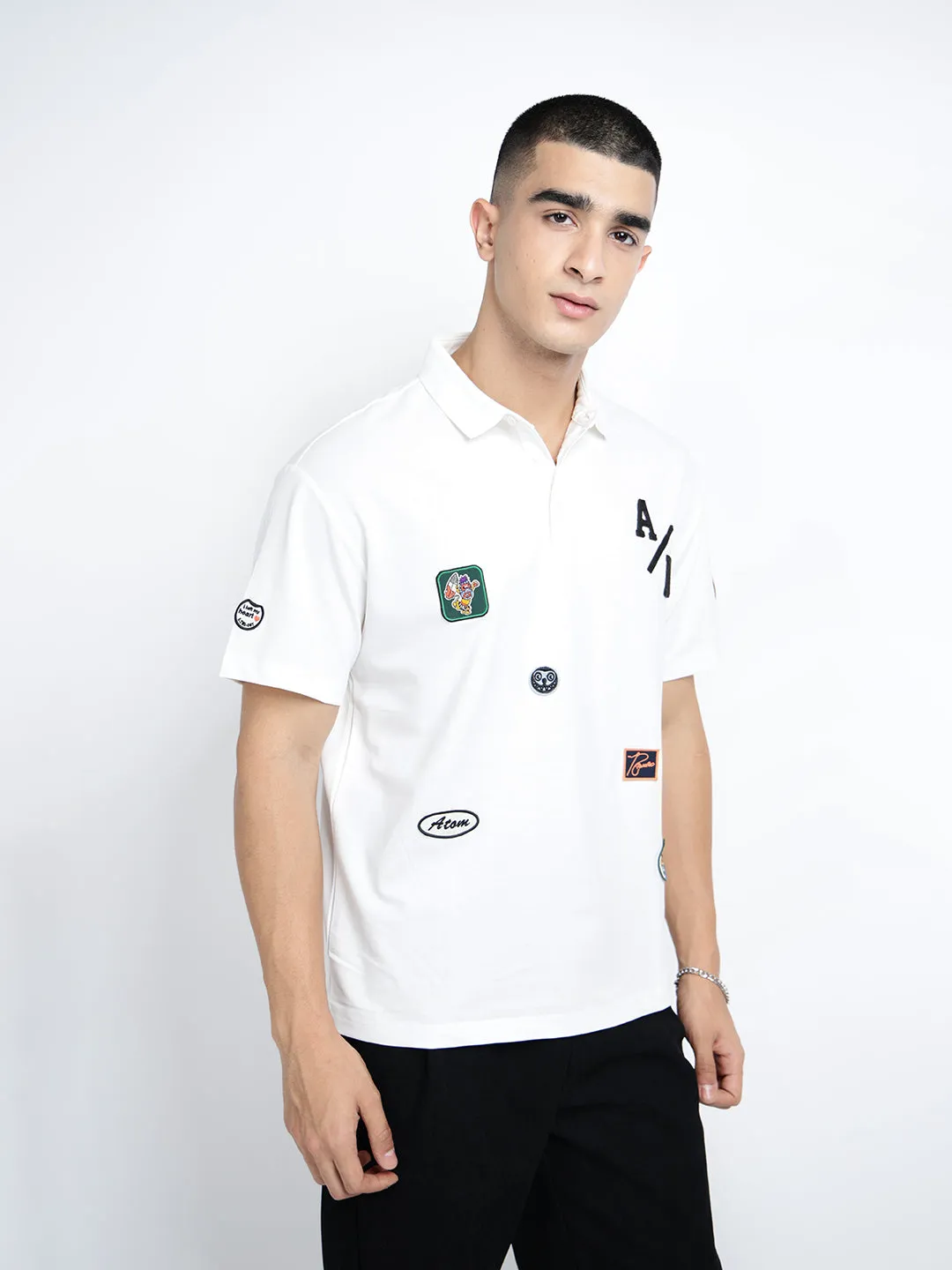 Men's Graphic Print White Short Sleeves Polo Collar Relaxed Fit T-Shirt Quick Layer Comfy Stretch