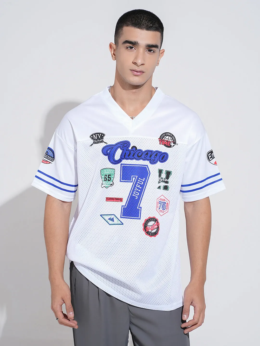 Relaxed Movement Outdoor Leisure Look Men's Graphic Print White Short Sleeves V-Neck Relaxed Fit T-Shirt