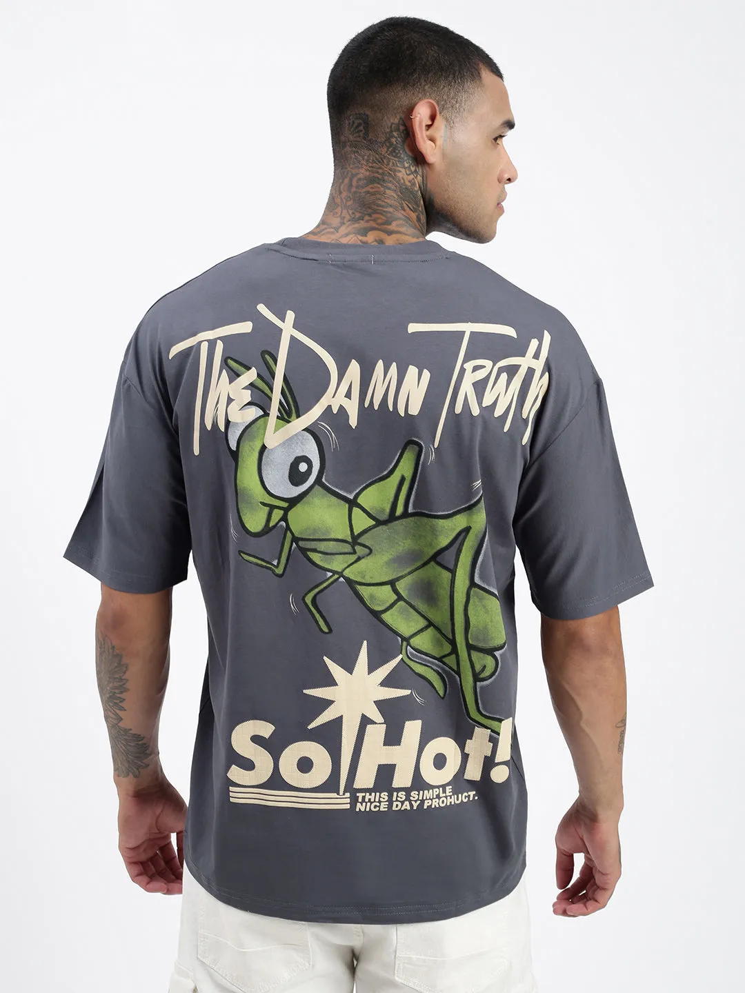 Men's Graphic Printed Grey Relaxed Fit T-Shirt Light Comfort Style Playful Design