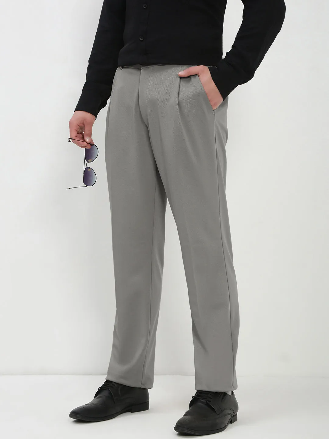 Men's Grey Regular Fit Formal Trouser LowProfileTopstitching Soft Fabric