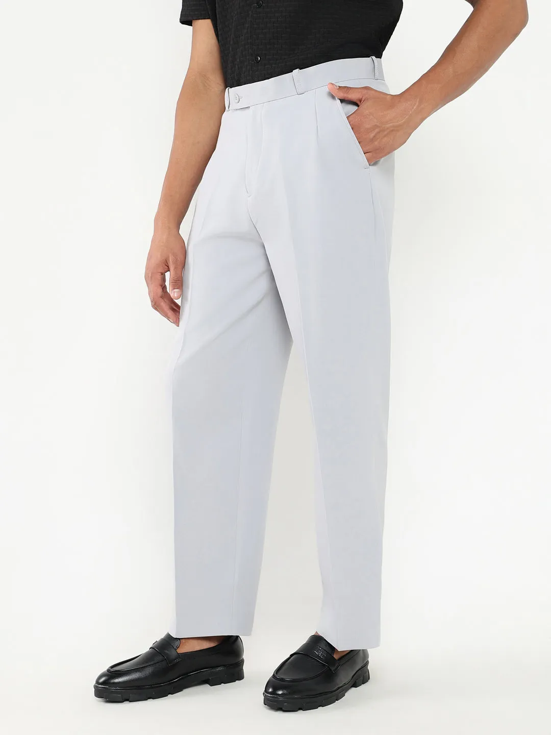 SeamlessConstruction All Season Wear Men's Grey Solid Formal Pleated Trousers