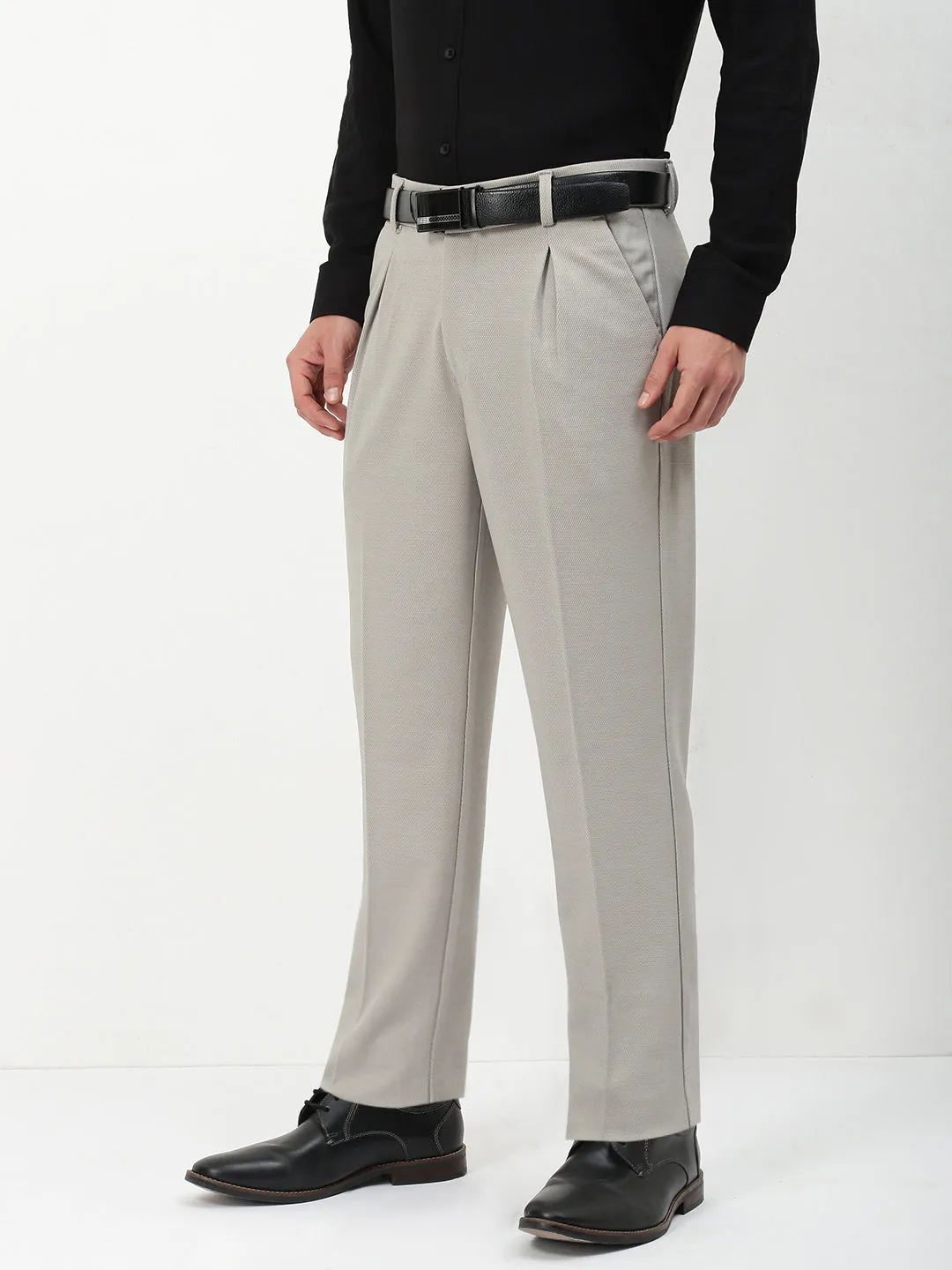 High Density Weave Men's Grey Solid Formal Trousers