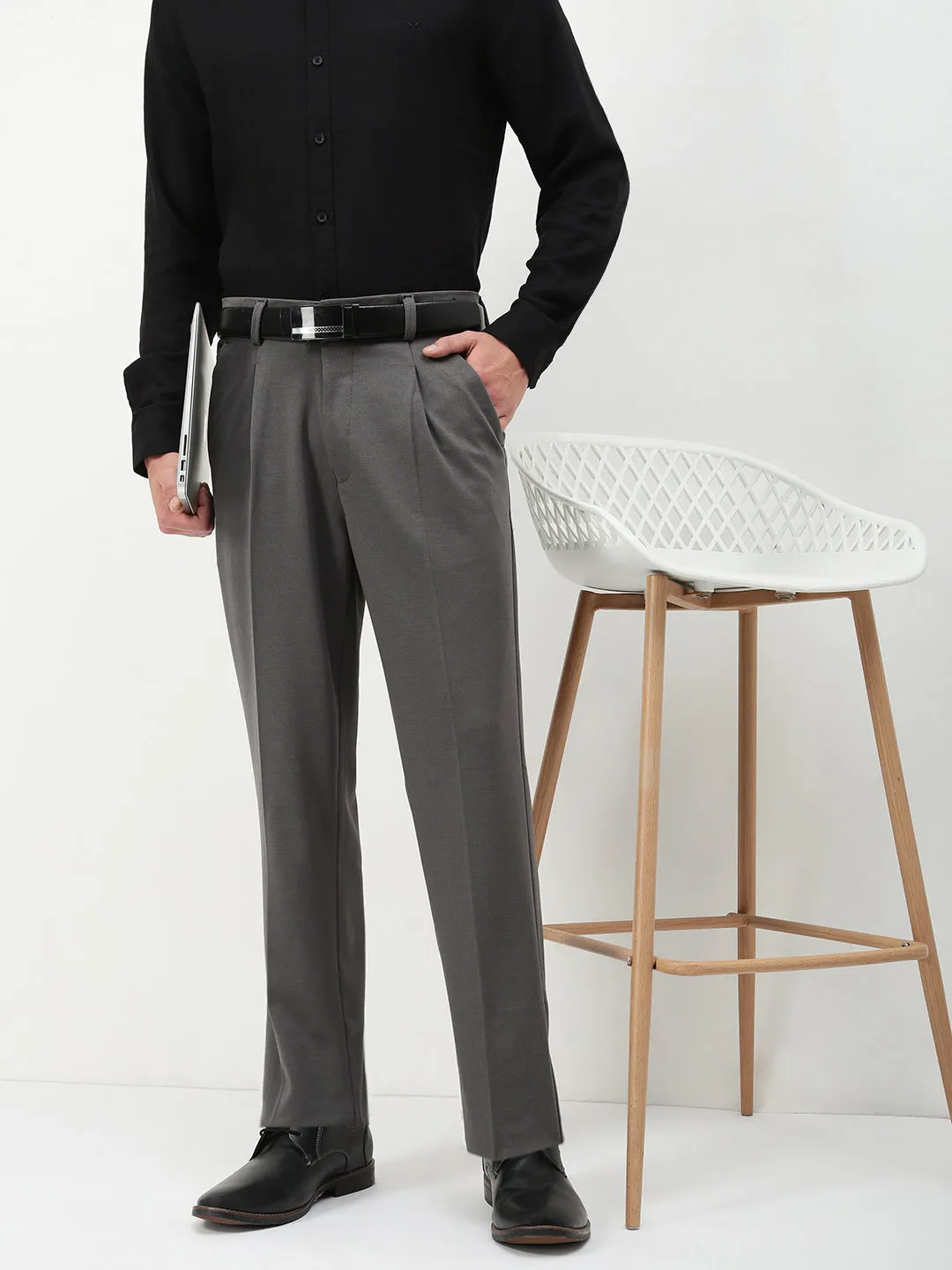 Men's Grey Solid Formal Trousers ElasticCuffs