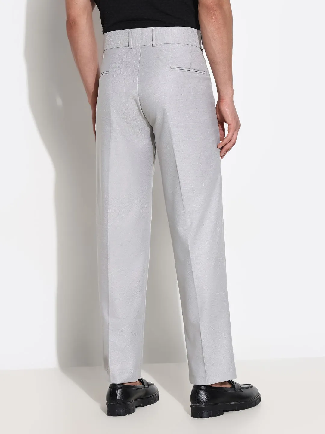 Outdoor Friendly Men's Grey Solid Low-Rise Pleated Trousers