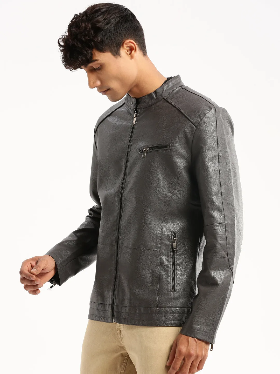 Clean Edge Piece Long Lasting Shape Retention Men's Grey Stand Collar Biker Jacket