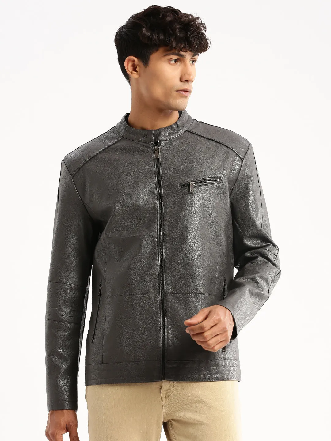 Men's Grey Stand Collar Biker Jacket Sleek Outdoor Look