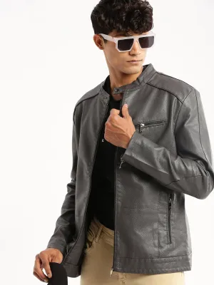 Men's Grey Stand Collar Biker Jacket Functional Zip Detail Designer Inspired
