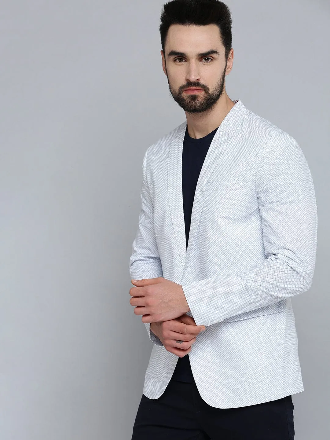 Men's Mandarin Collar Printed White Blazer Casual Comfy Layer Smart Casual Piece