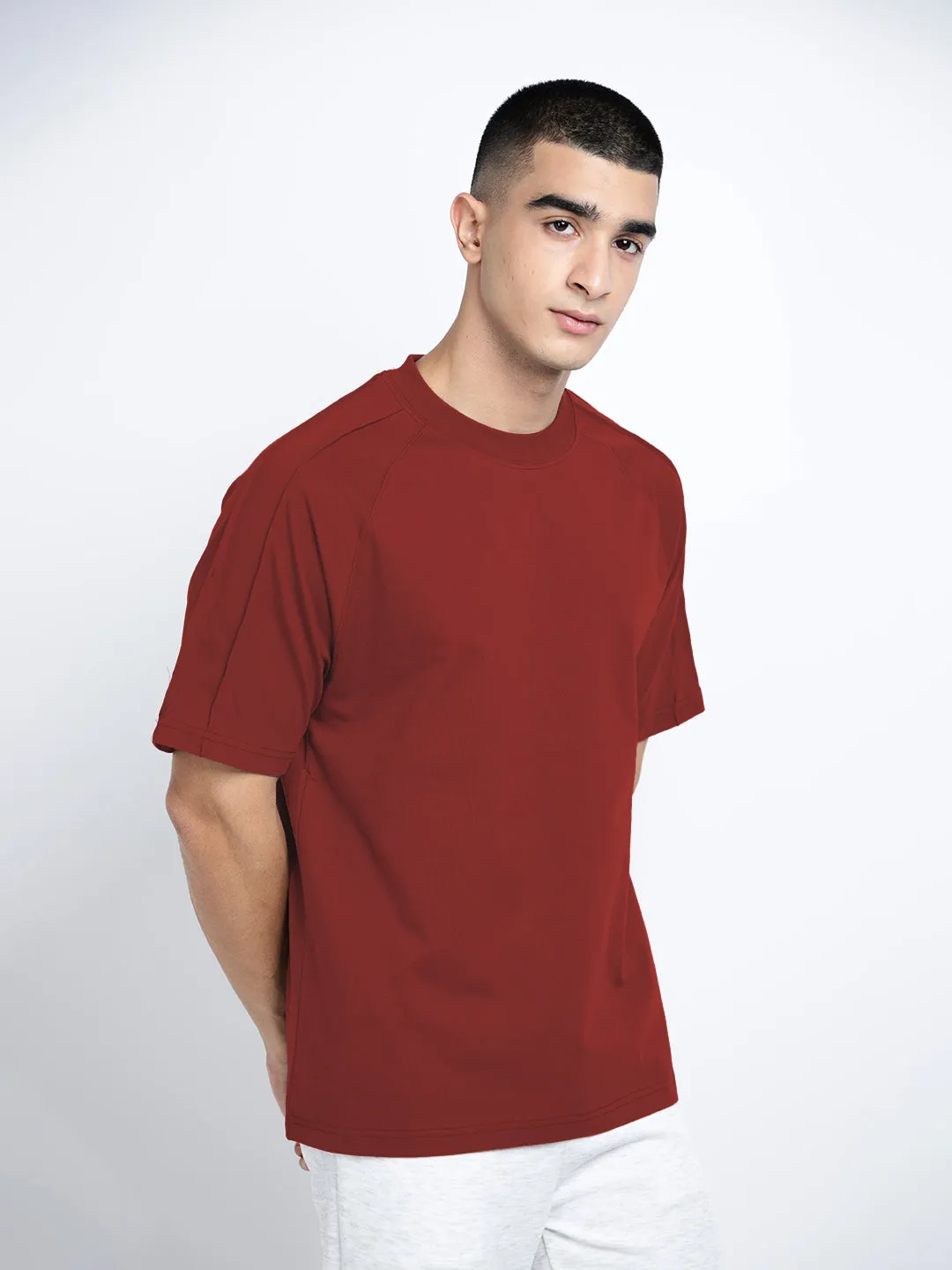 Men's Maroon Short Sleeves Round Neck Oversized T-Shirt Smart Wear