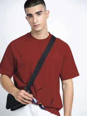 Men's Maroon Short Sleeves Round Neck Oversized T-Shirt Lightweight Feel