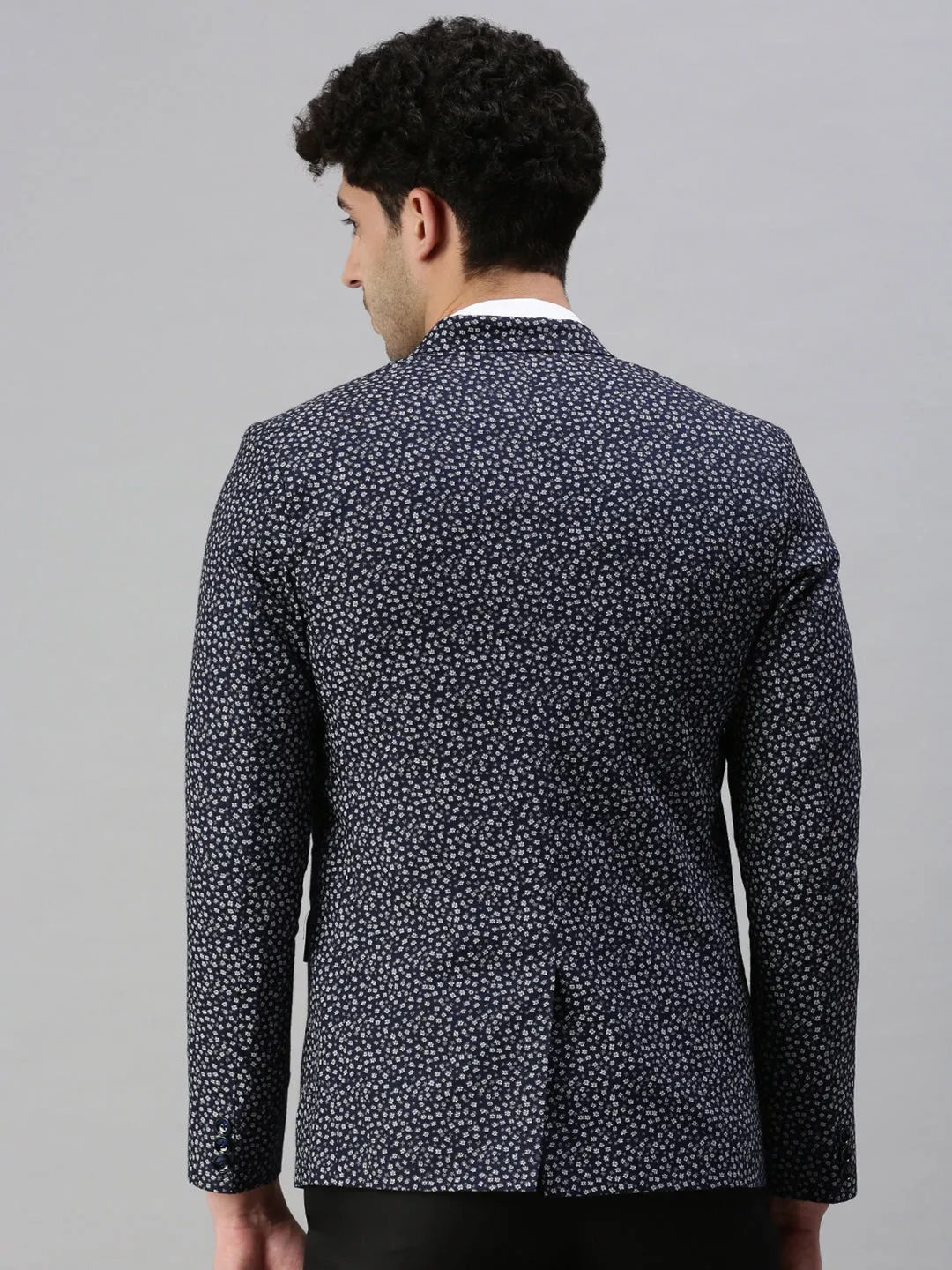 Men's Navy Blue Micro Ditsy Printed Single-Breasted Cotton Casual Blazers Matte Fabric