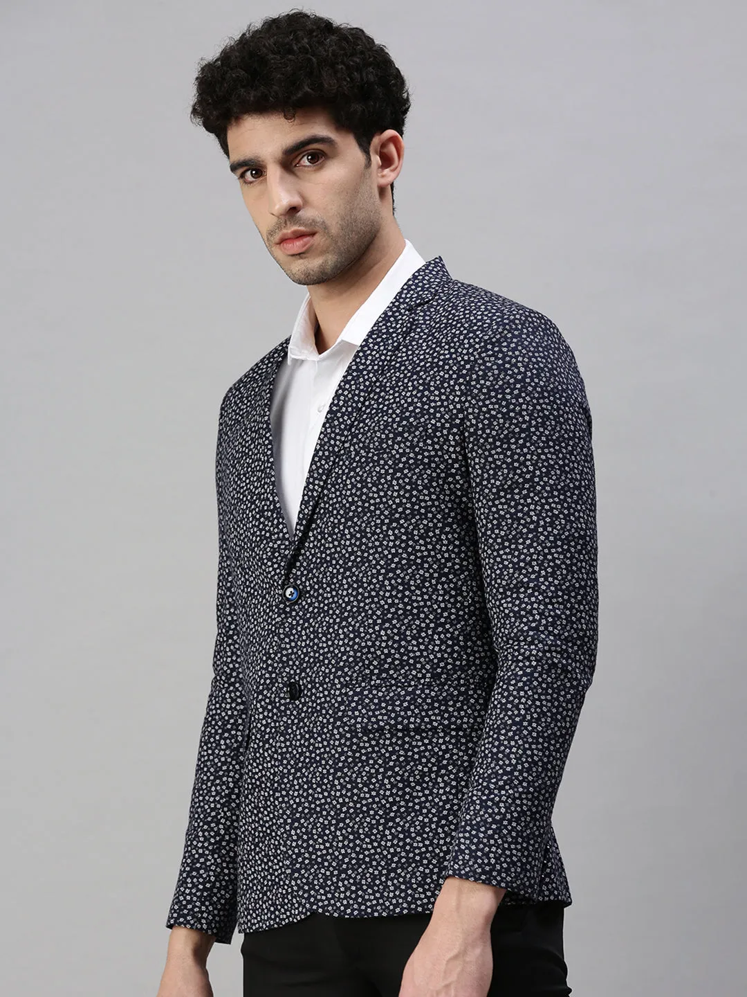 EcoFriendly Water Repellency Men's Navy Blue Micro Ditsy Printed Single-Breasted Cotton Casual Blazers