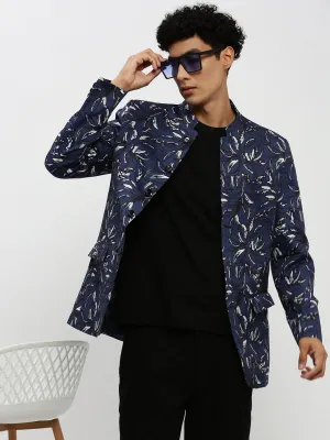 Wrinkle Free Exterior Men's Navy Blue Printed Bandhgala Slim-Fit Blazer