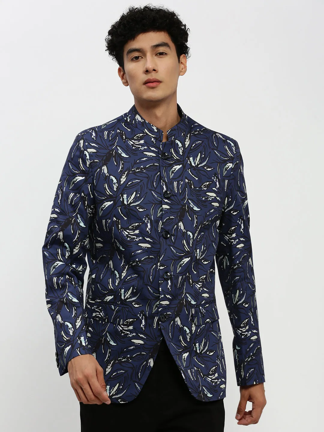 Compression Fit Technology Men's Navy Blue Printed Bandhgala Slim-Fit Blazer