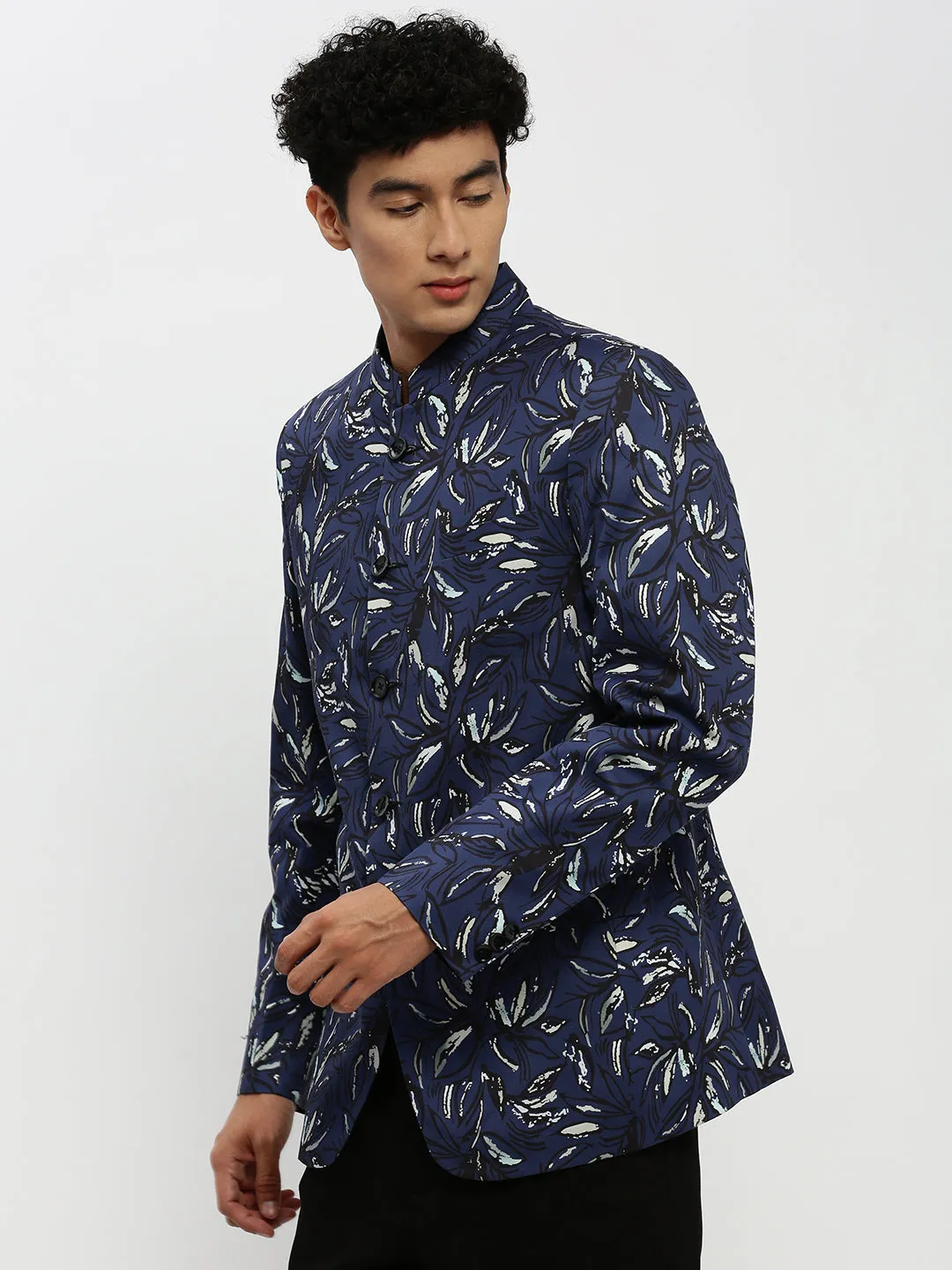 WindResistant Coating Men's Navy Blue Printed Bandhgala Slim-Fit Blazer