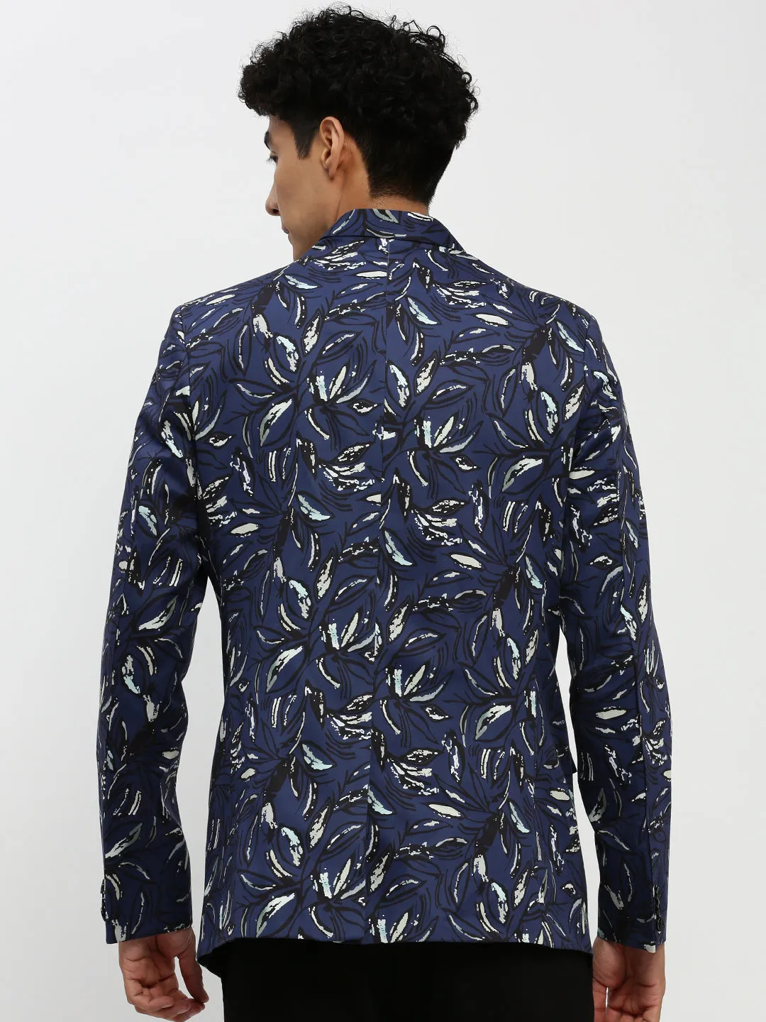 Flexible Shoulder Panels All Season Fit Men's Navy Blue Printed Bandhgala Slim-Fit Blazer