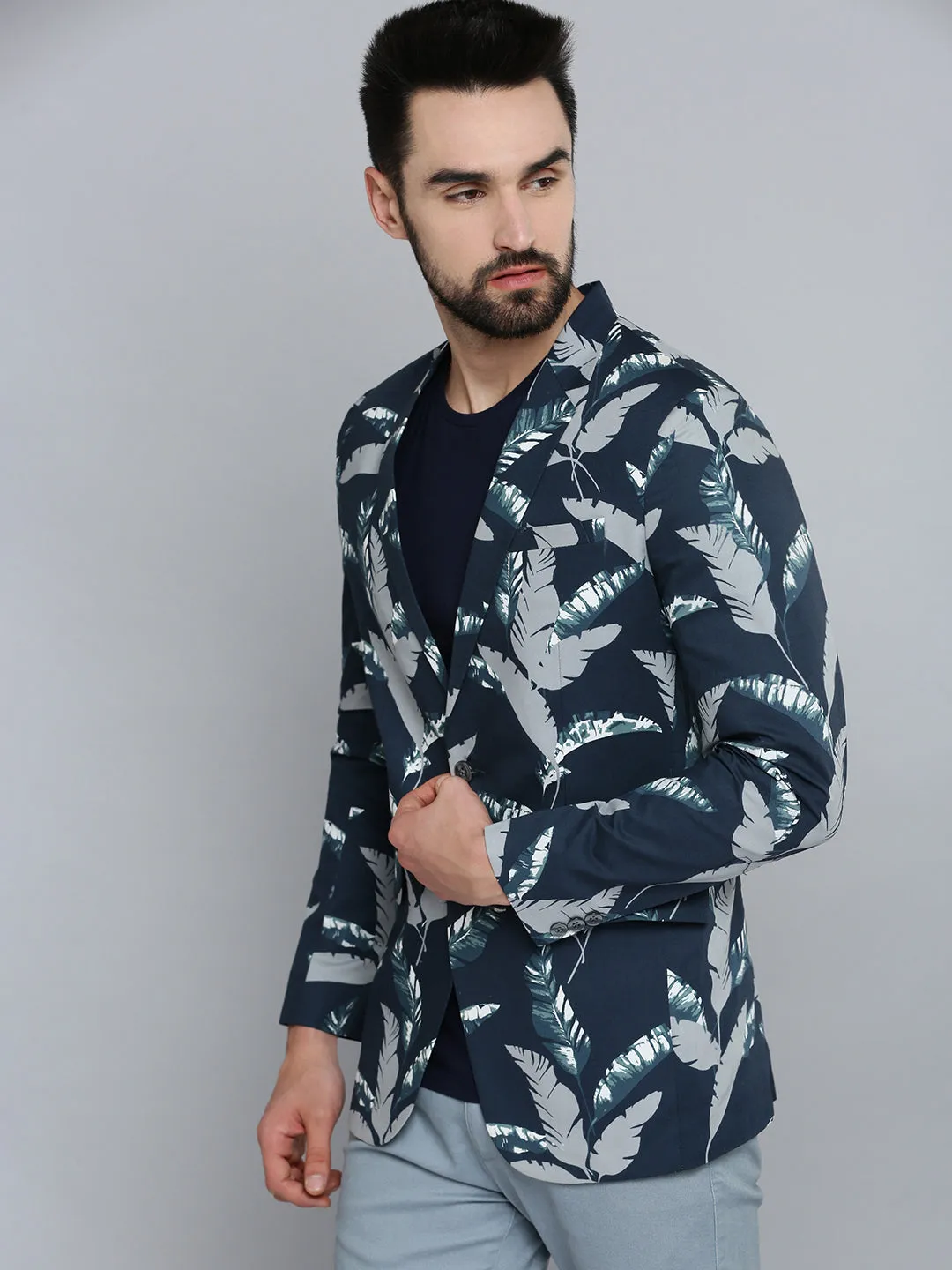 AdjustableDrawcordHem Adjustable Hood Feature Men's Navy Blue Printed Single Breasted Blazers