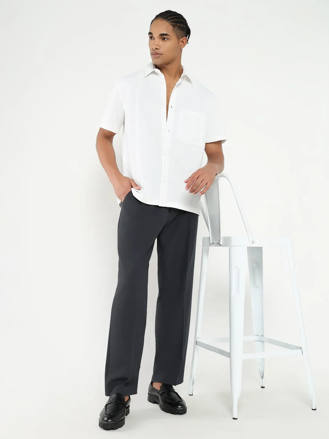 Men's Navy Blue Solid Formal Trousers Daily Style