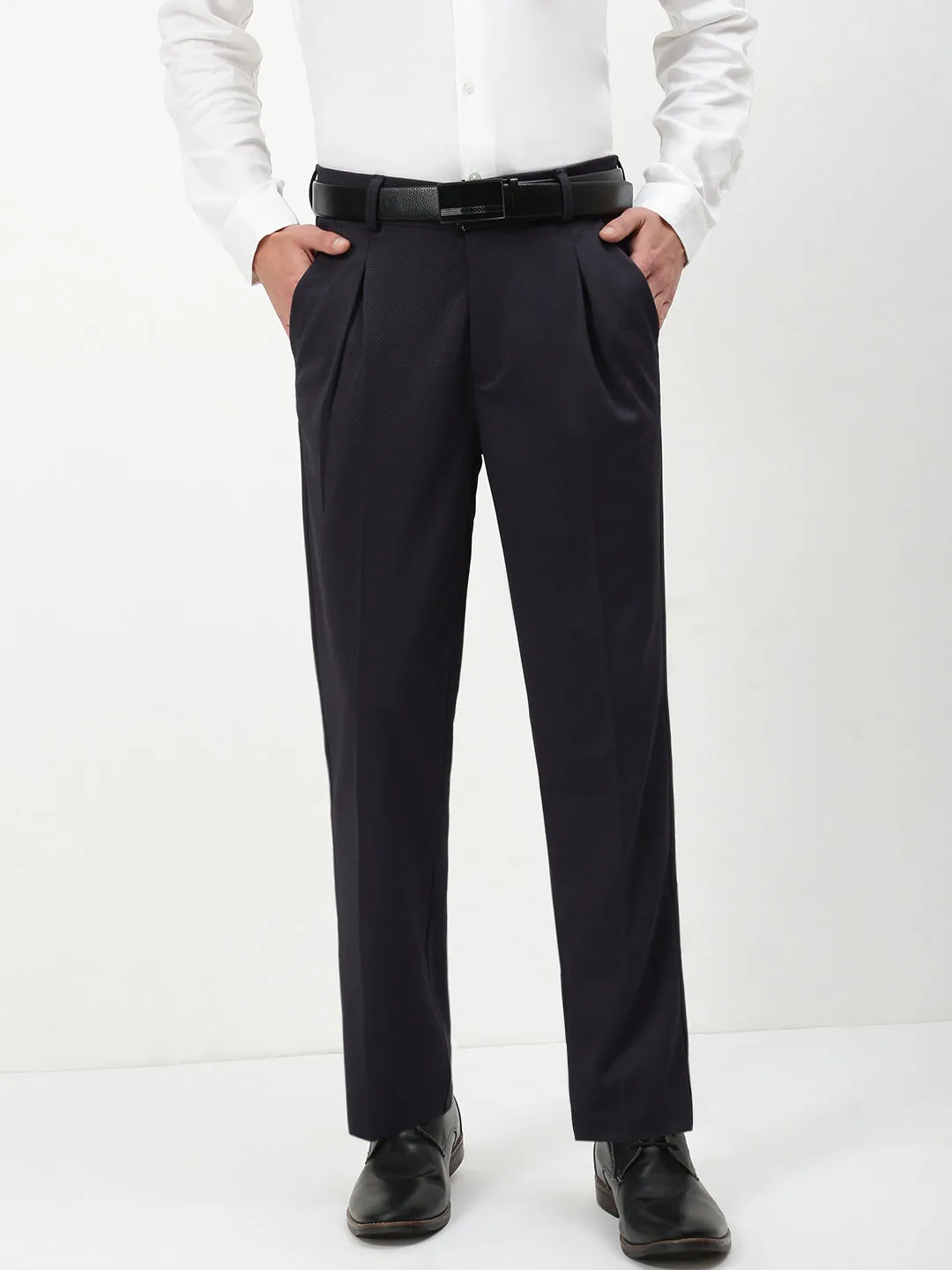 Men's Navy Blue Solid Formal Trousers Light Fit Wear Roll-up style