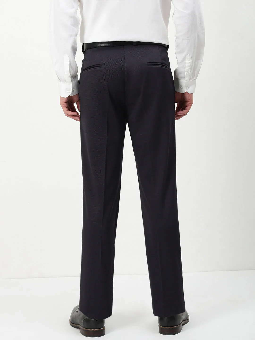 Laser Cut Perforations Multi-Purpose Wear Men's Navy Blue Solid Formal Trousers