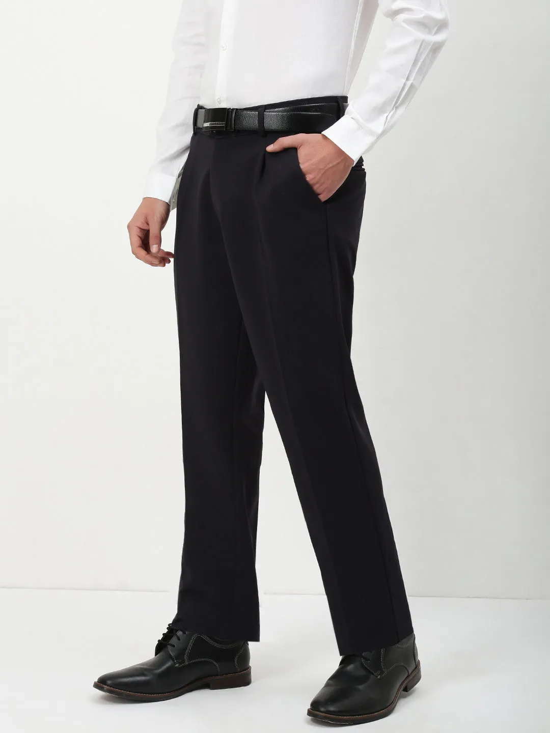 Full Motion Men's Navy Blue Solid Formal Trousers