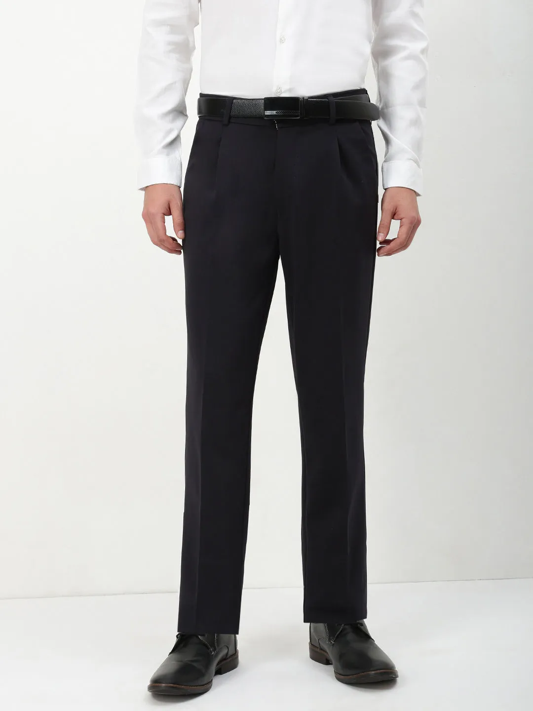 relaxed shape Men's Navy Blue Solid Formal Trousers